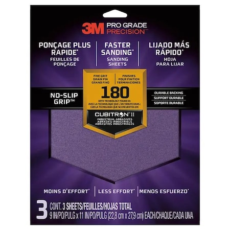 3M 9" x 11" Pro Grade Precision No-Slip Grip Sanding Sheet 180-Grit 3-Pk 26180 Tri-3